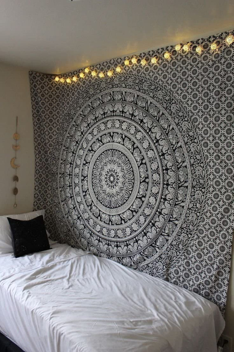 Tapestry Wall Hanging Hippie Mandala Bohemian Hippy Intricate Indian Tapestry 84X90 Inches (215Cm X 230Cm) Black & White