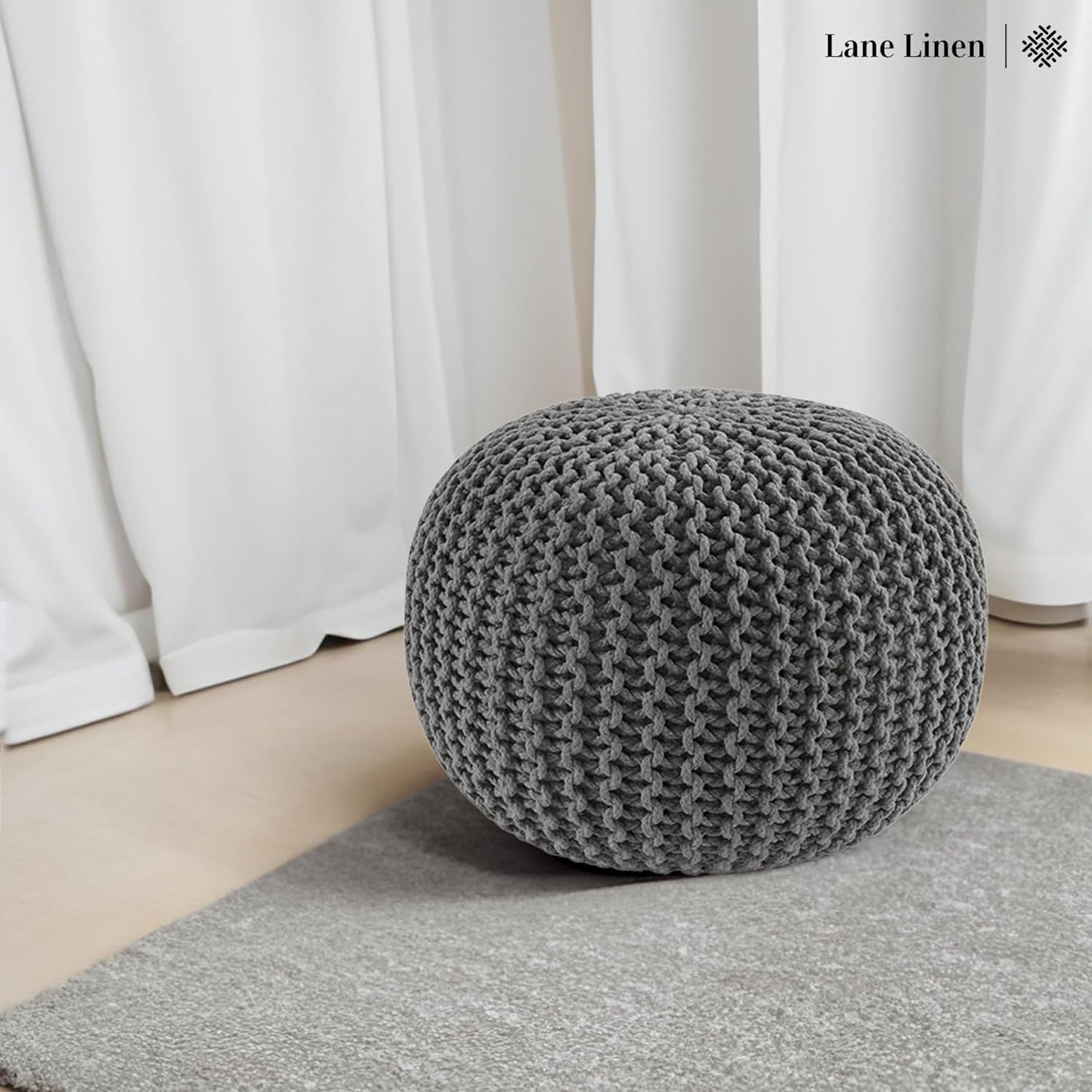 Hand Knitted Cable Style Dori Pouf - Dark Grey, Floor Ottoman - 100% Cotton Braid Cord - Handmade & Hand Stitched - Truly One of a Kind Seating - 20 Diameter X 14 Height