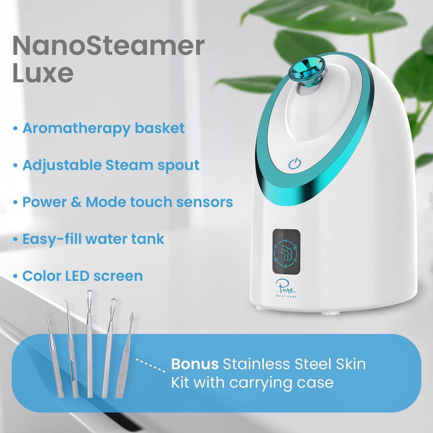 Nanosteamer Luxe by  in White | Ionic Facial Steamer with Smart Steam Technology | 6 Steam Modes | Aromatherapy Basket | Digital LCD Screen | Hot Steam & Cool Mist L Extraction Set