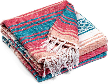 Authentic Mexican Blanket - Premium Yoga Blanket Beach Blanket - Perfect Picnic Blanket, Travel Blanket, Outdoor Blanket - Well Made Yoga Bolster (Blue & Pink)