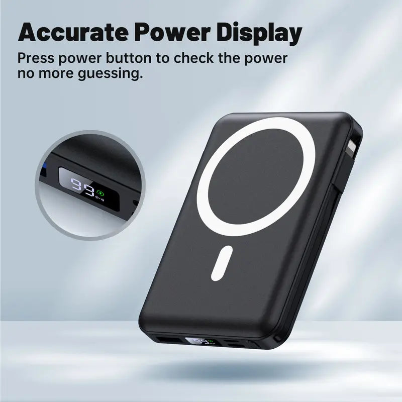 Yiisonger Magnetic Wireless Power Bank - 10000Mah Portable Charger 22.5W PD Fast Charging with Built-In Cables LED Display, Slim Magnetic Battery Pack for Iphone 15/14/13/12/Pro/Mini/Pro Max (Black) Devices Usb Accessories Smartphone